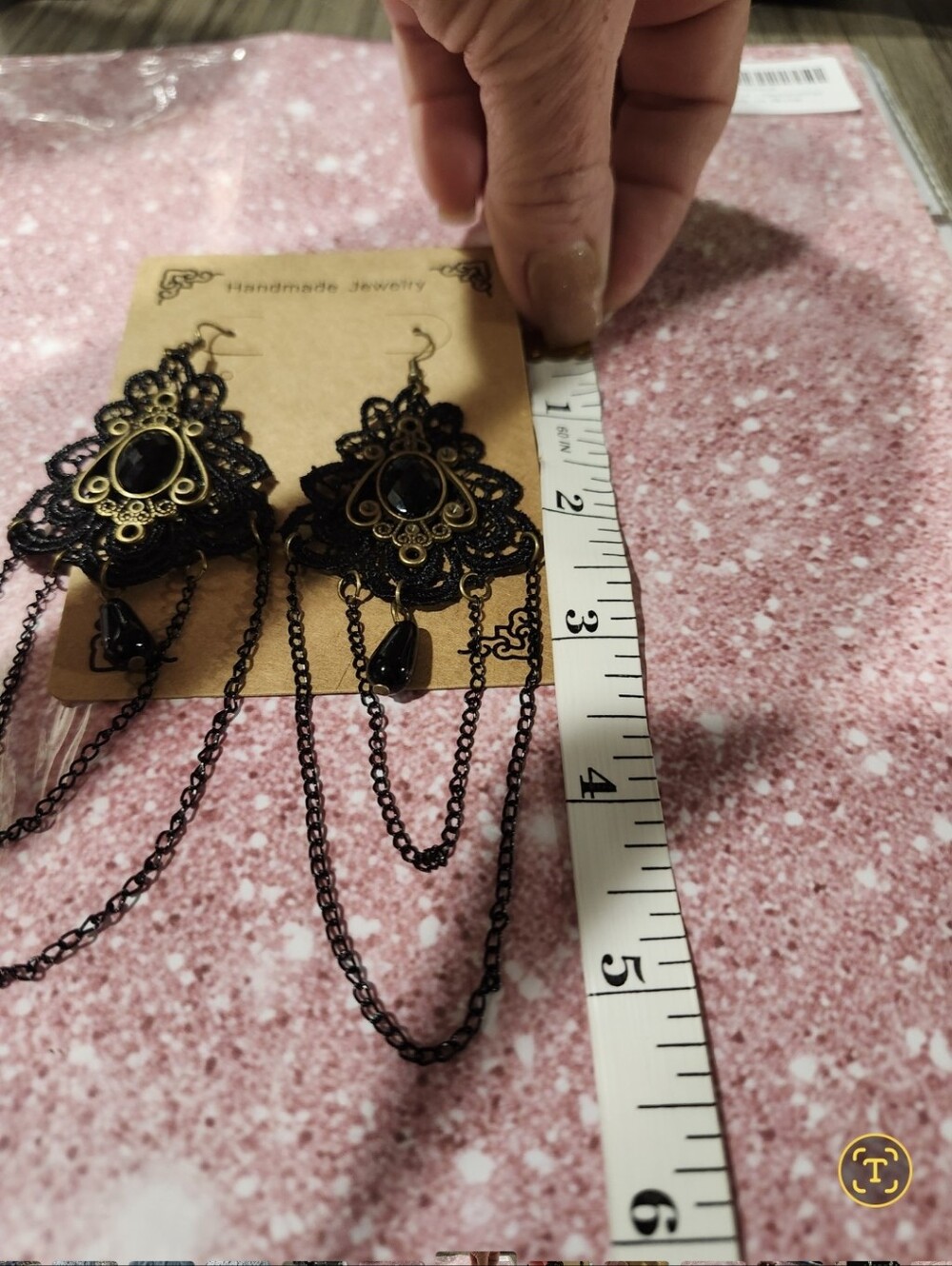 Black Lace Filigree Dangle Earrings with Antique Gold Accents - Picture 6 of 6